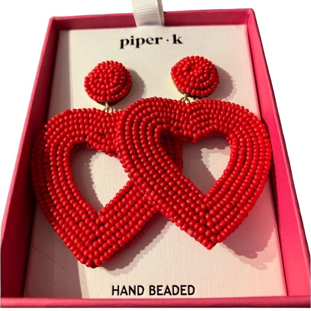 New in Box Piper-K Red Beaded Heart Drop Pierced Earrings